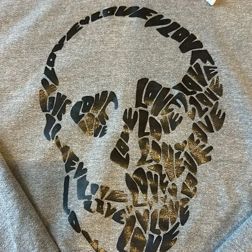 Chrldr Women’s Grey Hooded Sweatshirt with Love Skull Graphic - Size L